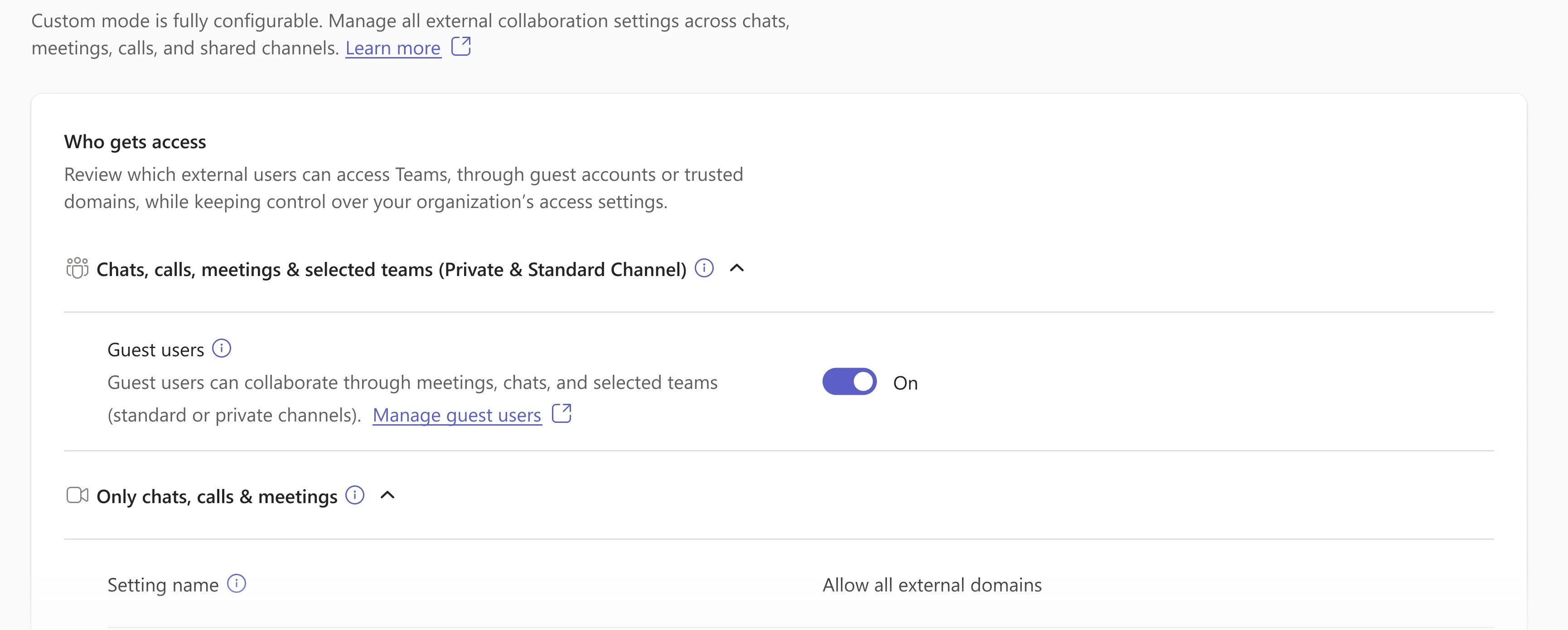 A Teams admin center settings page for external access: section headings and settings such as “Guest users” each carry a small info button, descriptions link out to “Learn more” and “Manage guest users”, and a switch turns guest access on.