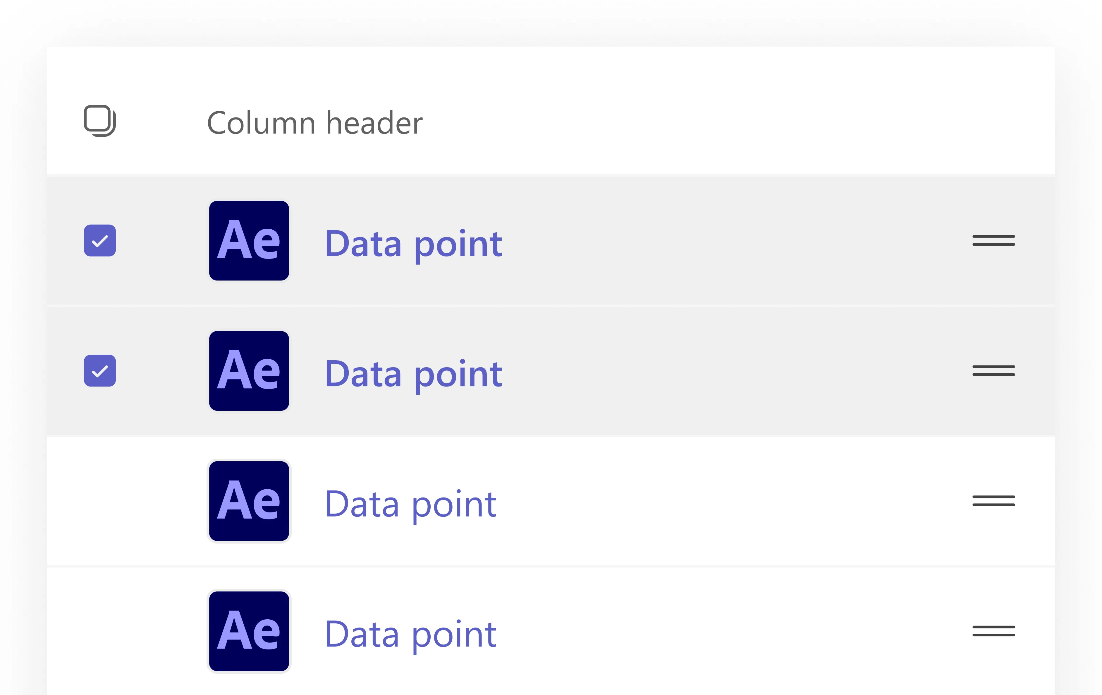 After: The same table with square checkboxes on the two selected rows and a select-all control in the header.