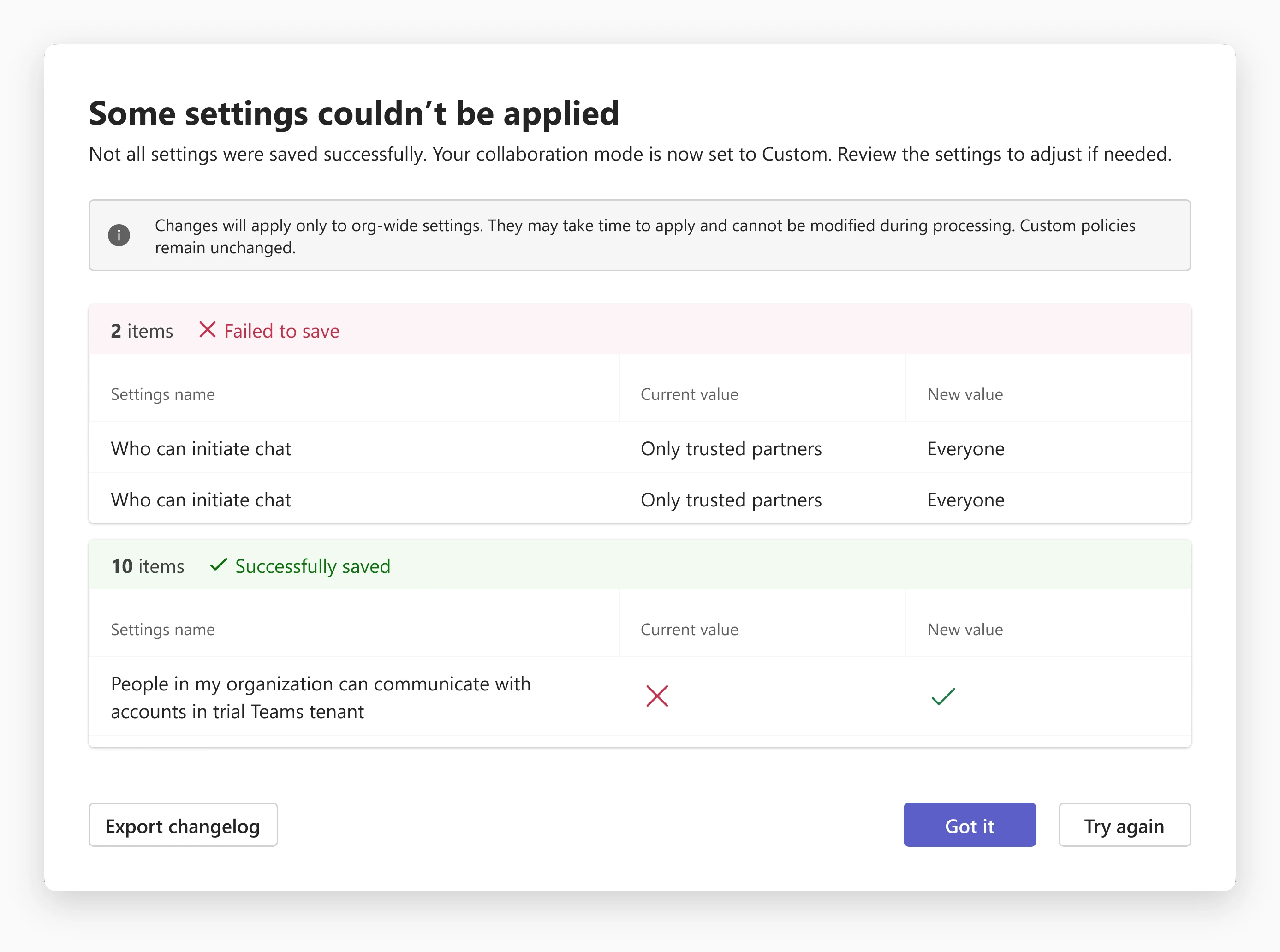 Dialog: “Some settings couldn’t be applied”. Two items failed to save and ten saved successfully, with Export changelog, Got it and Try again buttons.
