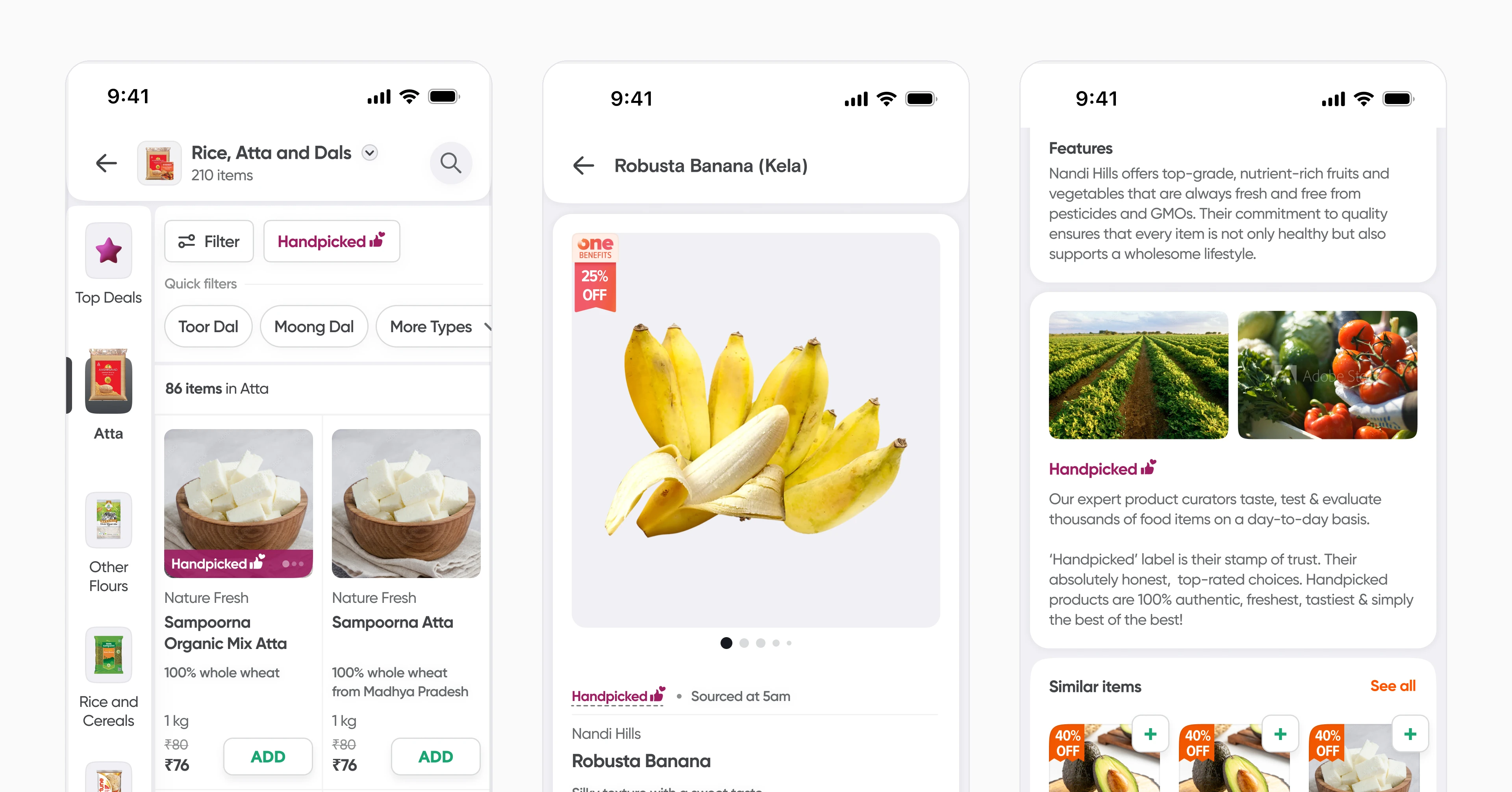 Three Swiggy Instamart screens. A Rice, Atta and Dals listing with a Handpicked quick filter and a burgundy Handpicked label across an atta pack’s photo; a banana product page with a small Handpicked label above the product name; and the product page’s Handpicked section, which says expert curators taste, test and evaluate thousands of products.