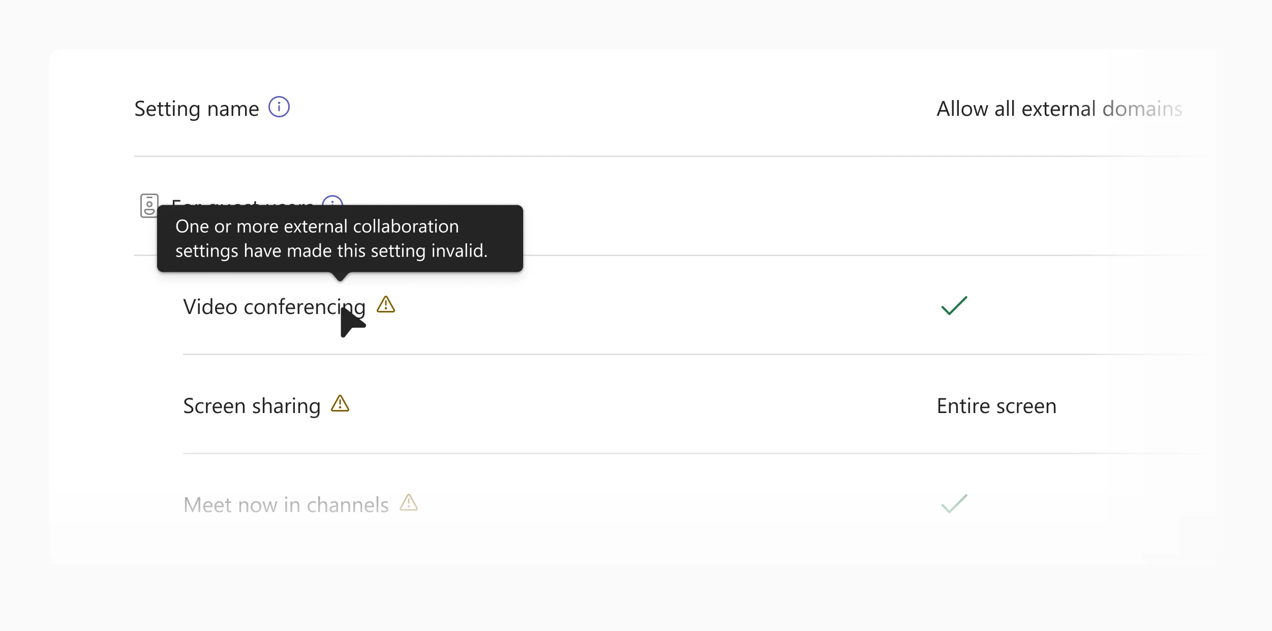 Settings list with yellow warning triangles beside Video conferencing and Screen sharing. A tooltip reads “One or more external collaboration settings have made this setting invalid.”