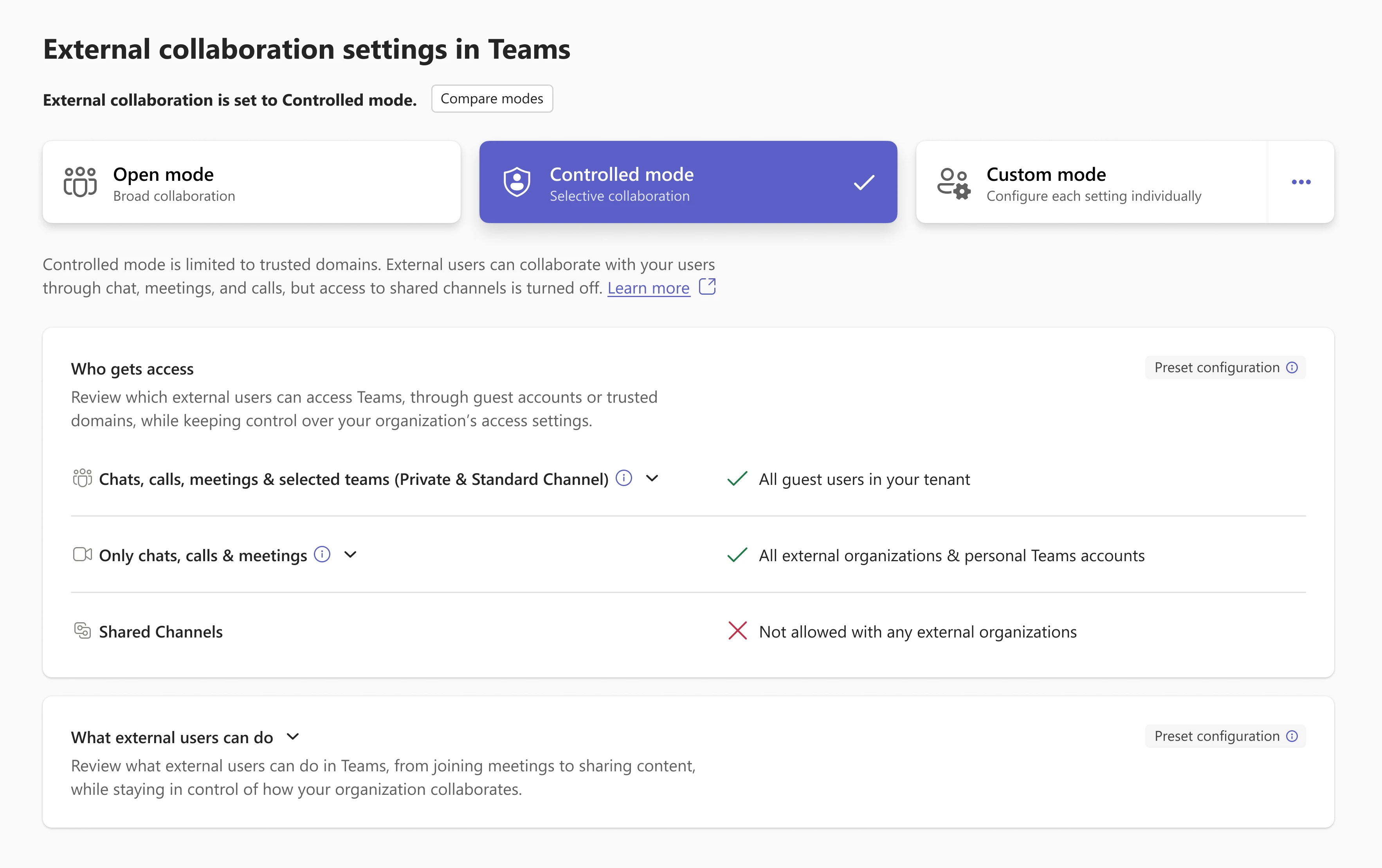 External collaboration settings with Controlled mode selected. Shared channels are not allowed with any external organisation.