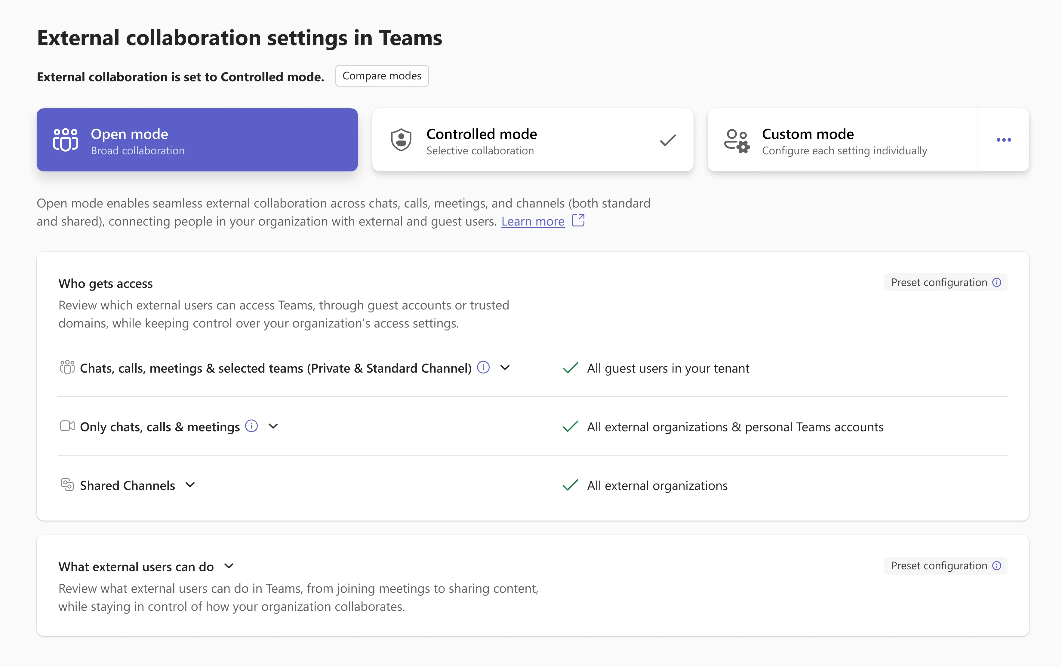 External collaboration settings with Open mode selected. The “Who gets access” summary shows guests, external organisations and shared channels all allowed.