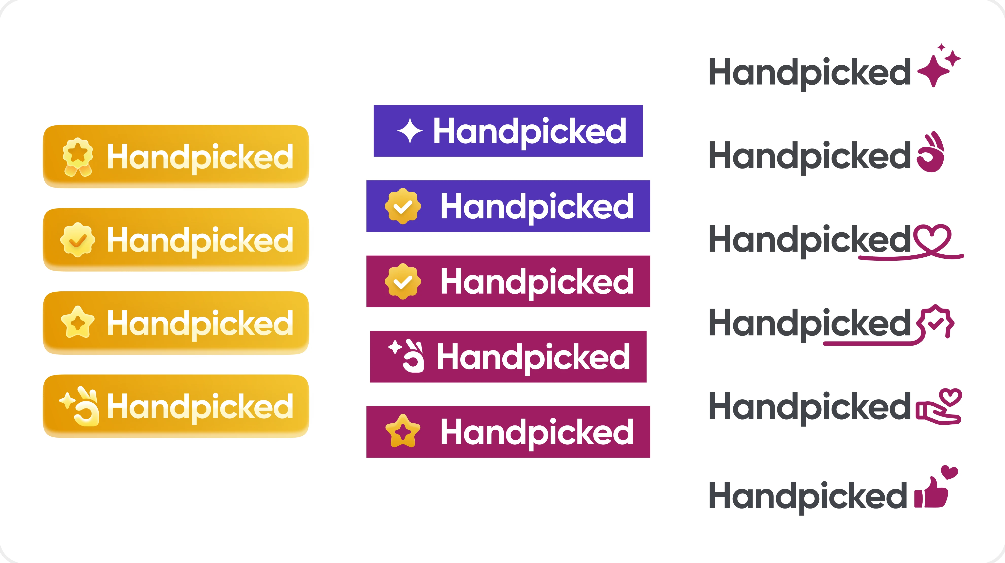 Fifteen Handpicked label explorations in three columns: gold badges with stars and sparkles, burgundy and purple badges with similar icons, and the wordmark with a sparkle, a hand, a heart, a heart-shaped underline, a hand holding a heart, and a thumbs-up with a heart.