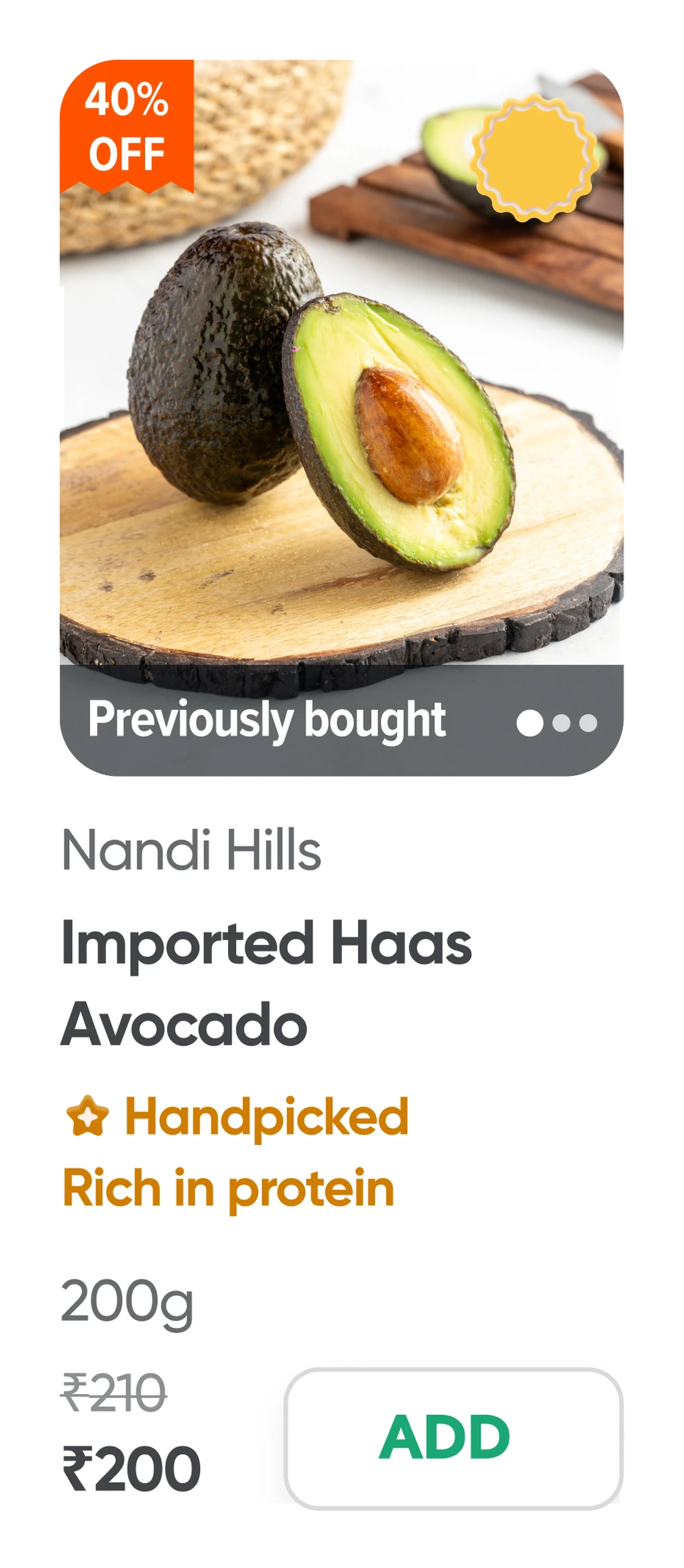 The avocado card with “Handpicked” in orange, above “Rich in protein”, in the description line.