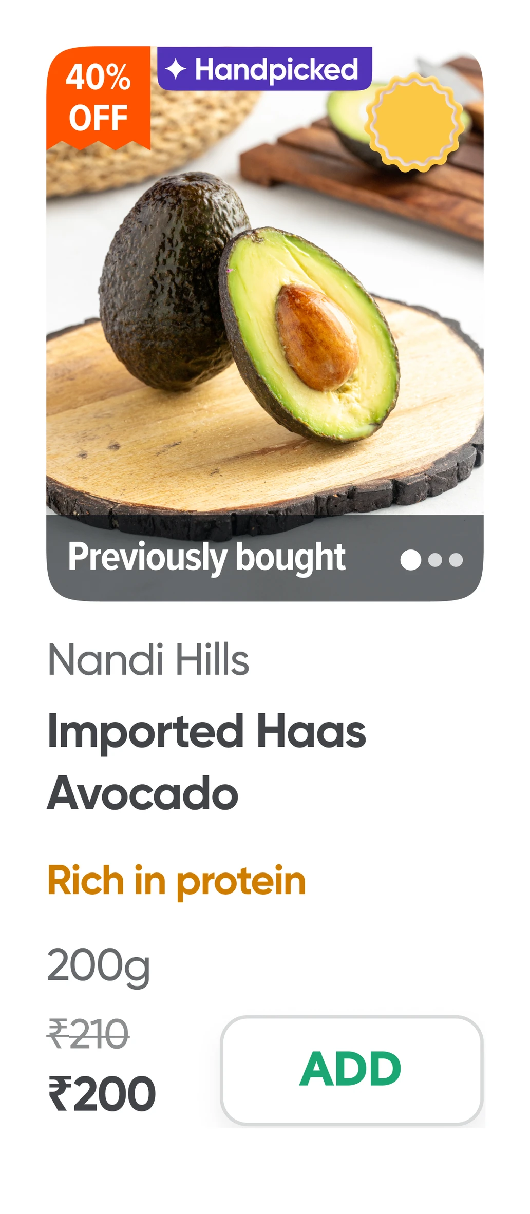 The avocado card with a purple “Handpicked” tag squeezed in beside the 40% off tag, above the Previously bought strip and the orange description.