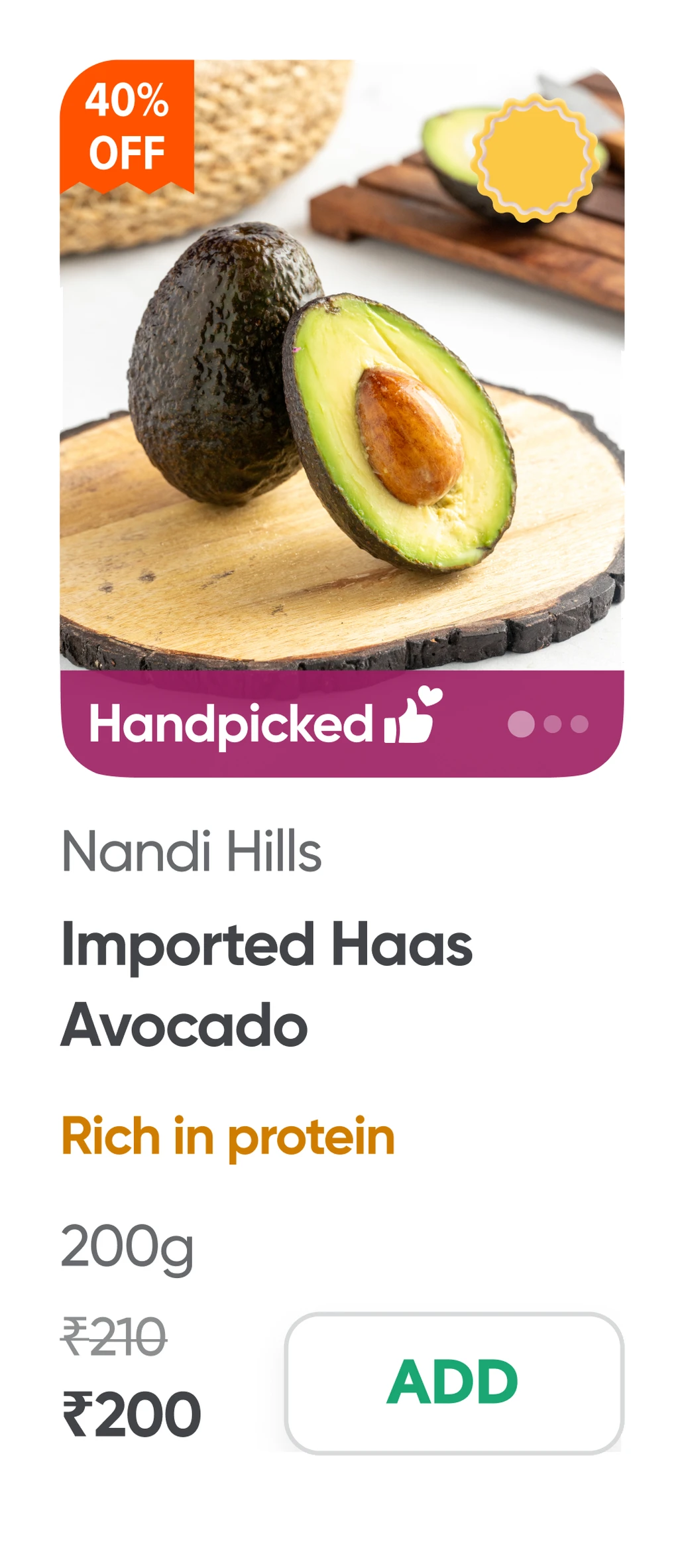 The avocado card with a burgundy Handpicked strip across the bottom of the photo.