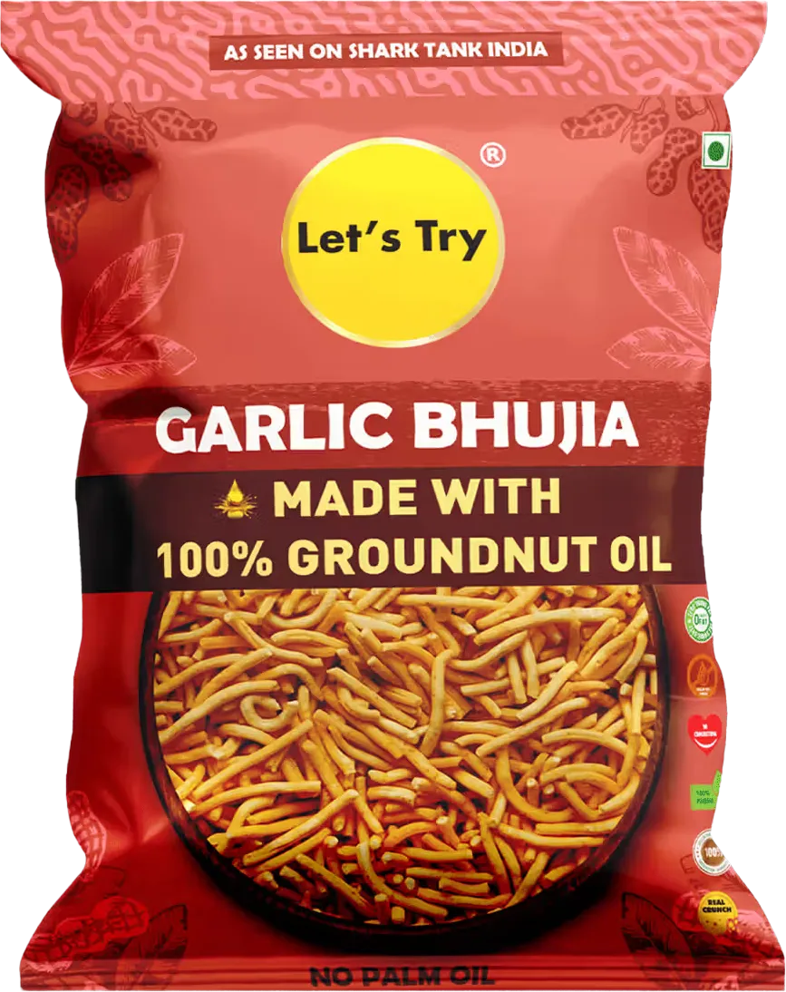 A pack of Let’s Try Garlic Bhujia, made with groundnut oil, carrying the Handpicked label.