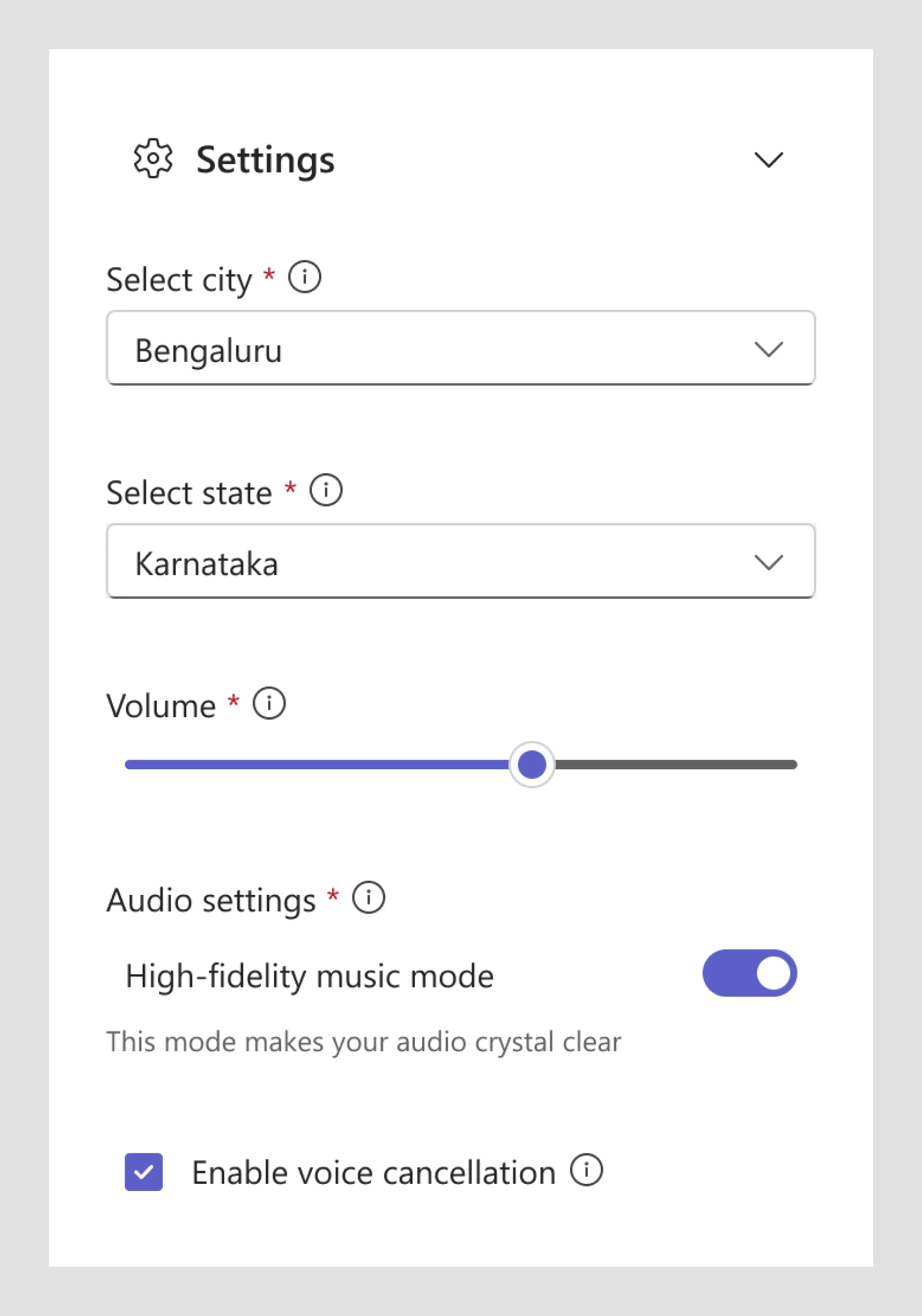 Fluent: A settings pane built from unmodified Fluent components: the labels start further left than the slider, the switch and the checkbox, so the left edge is ragged.