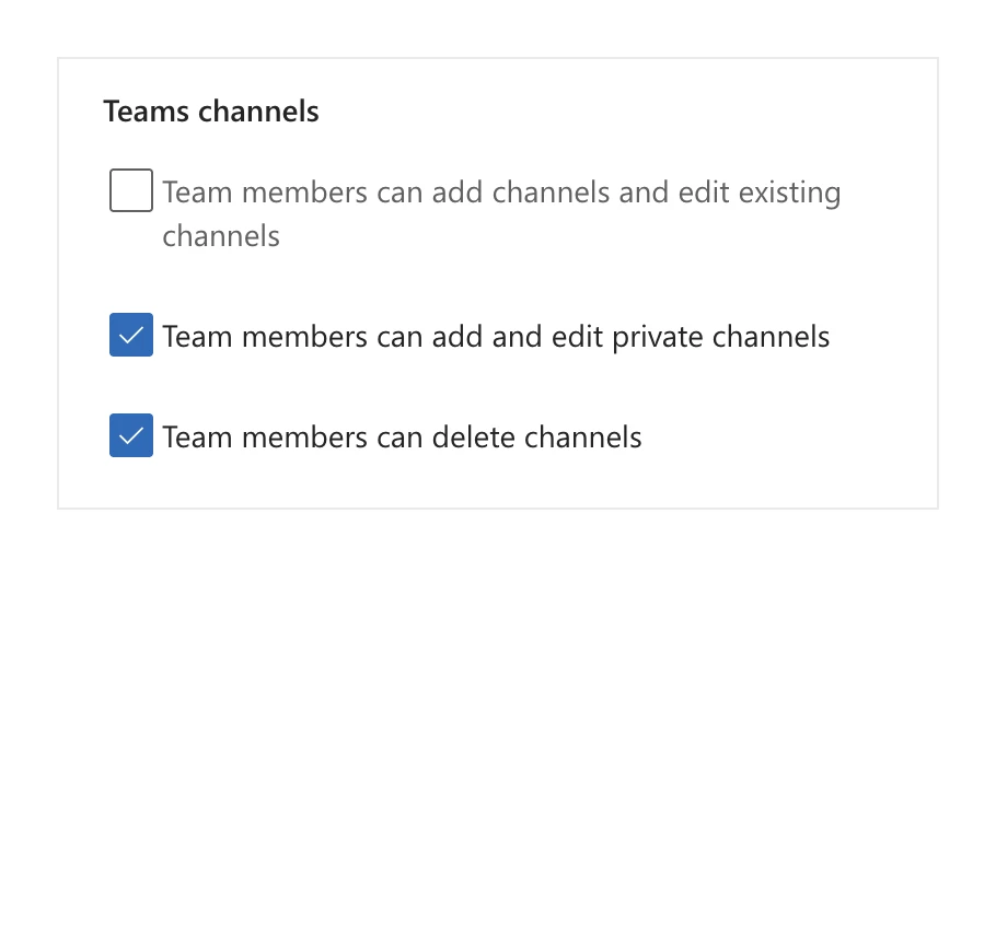 A Microsoft 365 admin center panel of channel permissions, set with checkboxes.