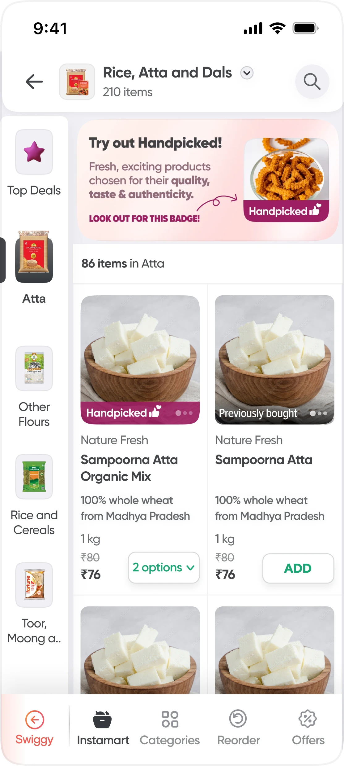 The same listing with a banner at the top: “Try out Handpicked! Fresh, exciting products chosen for their quality, taste and authenticity. Look out for this badge.”
