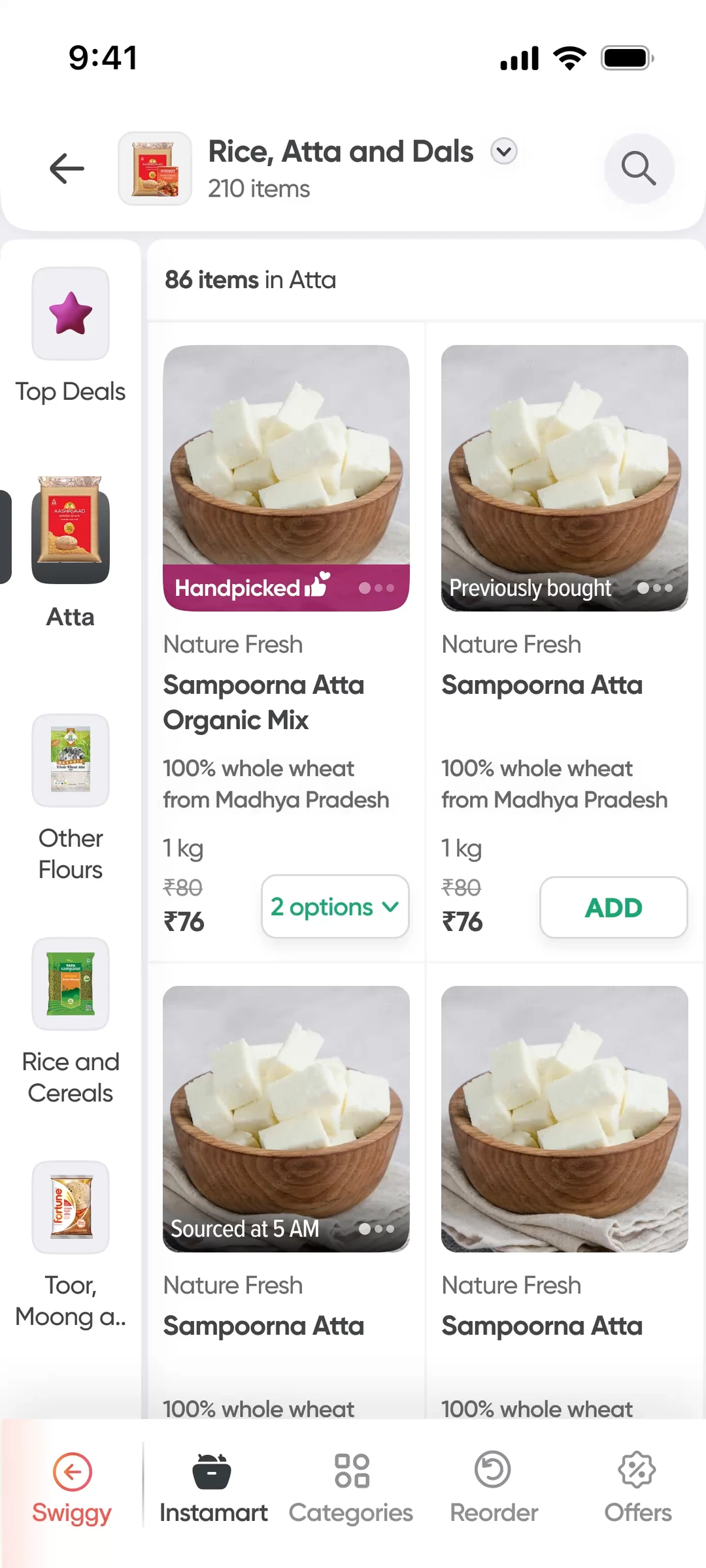 A Rice, Atta and Dals listing where the first product carries the Handpicked label across its photo.